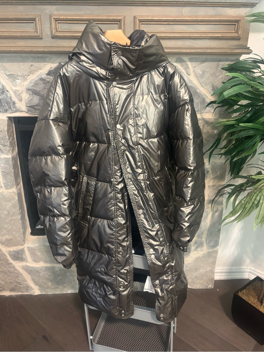 New Long Shiny Quilted Puffer Coat in Metallic Black